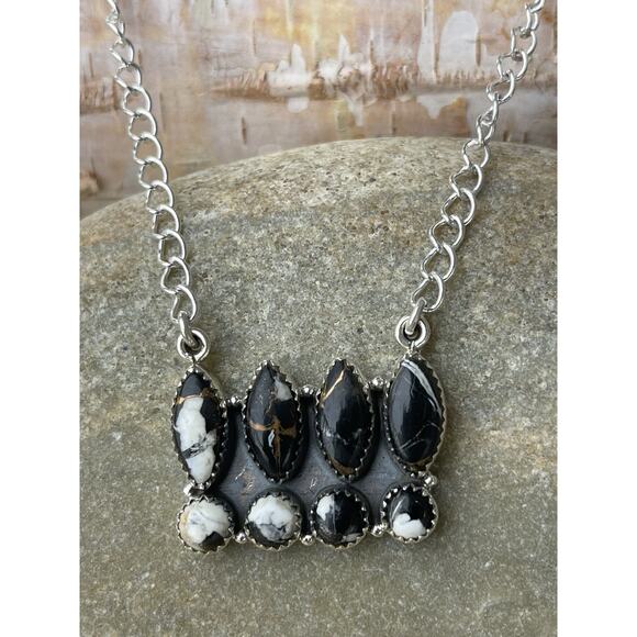 White Buffalo Turquoise Sterling Silver Cluster Necklace Southwestern - Picture 11 of 11